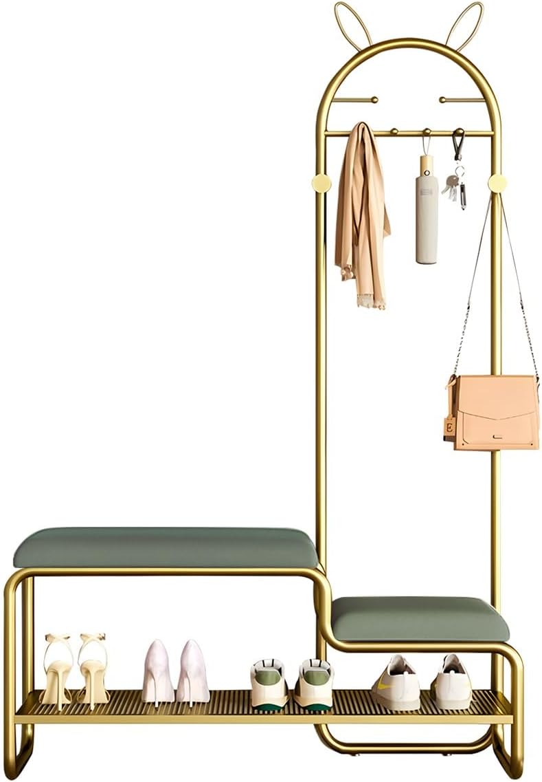 4-in-1 Entryway Hall Tree with Bench, Grey Metal Coat Rack & Shoe Storage, Soft Leather Cushion, 6 Hooks for Living Room, Hallway, Bedroom (90cm)