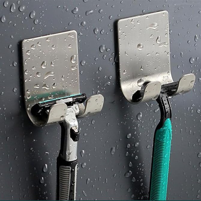 2 Pack Self Adhesive Stainless Steel HeavyDuty Utility Storage Hook Shower Hook for Razor, Bathroom & Kitchen Organizer