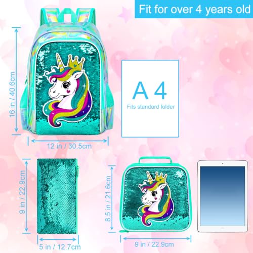 Image of CCJPX 16 inch Unicorn Backpack for Girls, 3Pcs Kids Sequin Bookbag with Lunch Box, Water Resistant Elementary School Bag for Kindergarten Preschool Toddler (Green)