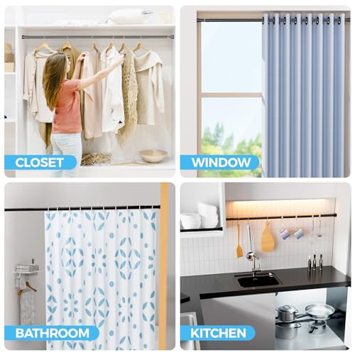 Image of Spring Tension Rod Shower Curtain Rod 30 to 64 Inches 2PCS, Black Expandable Tension Rods for Window Wardrobe Doorway Kitchen