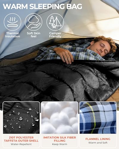 Sportneer 0 Degree Sleeping Bag for Cold Weather, XL Winter Sleeping Bag for Adults, Flannel Lined Camping Sleeping Bag, 32°F–59°F Rated, 87\" x 33.5\", 4.4 lbs, Detachable Hood, Compression Sack