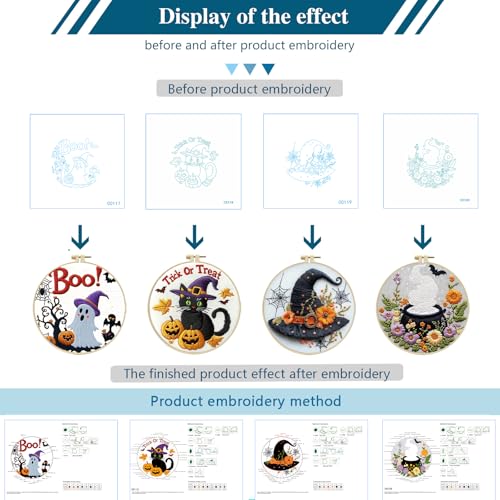 Image of Zhenqing 4-Piece Halloween Embroidery Kit for Beginners - Spooky Ghost, Witch Hat, Black Cat & Cauldron Designs with Pre-Printed 29x29cm Cotton Fabric, Hoop, Threads & Tools(C0165)