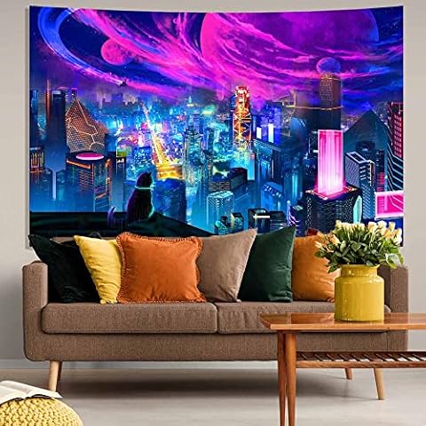 TPMDFC Punk City Neon Tapestry Futuristic Decor Gaming Future Tapestry Punk Sci-Fi Cityscape Japanese Anime Cat Neon Lights Large 80x60in For Men Bedroom Dorm, Polyester, Double-Sided SGTRLTP5 Cover