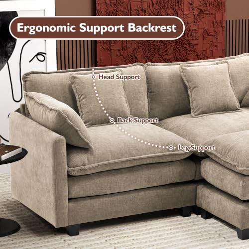 Image of Ihanherry 77 inch L Shaped Modern Sofa Modular Sectional Luxurious and Comfortable with Ottoman, 3-Seat Chenille Deep Seat Sofa with Pillow for Living Room, Bedroom and Apartment,Sand