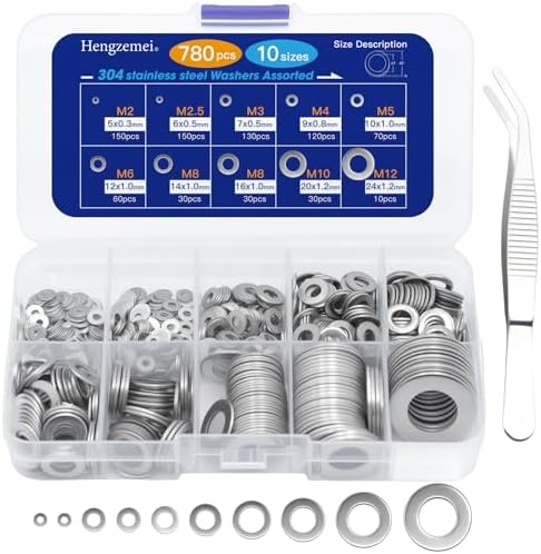 Hengzemei 780pcs Flat Washers for Screws Bolts 304 Stainless Steel Washers Metal Assortment Set Hardware Gasket Kit M2 M2.5 M3 M4 M5 M6 M8 M10 M12 10 Sizes