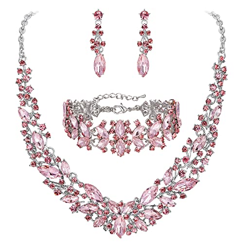 BriLove Women's Wedding Bridal Austrian Crystal Marquise Cluster Collar Necklace Dangle Earrings Set