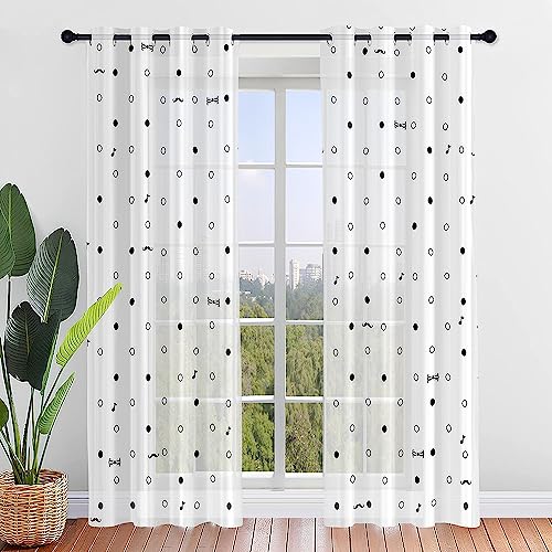 Surwin Translucidas Cortinas Salon, Dormitorio, Cocina - Cortinas y Visillos Estampadas de Lunares, Visillos Cortos para Ventanas, 2 Piezas Cortina con Ojales (Puntos Negros,132x160cm)