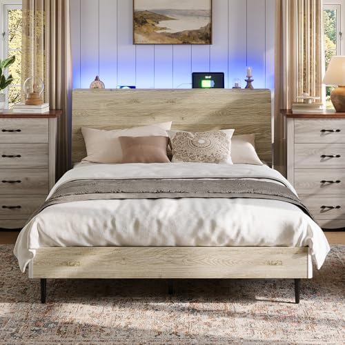 Amazon.com: LINSY Full Size Wood Bed Frame with Ergonomic Headboard ...