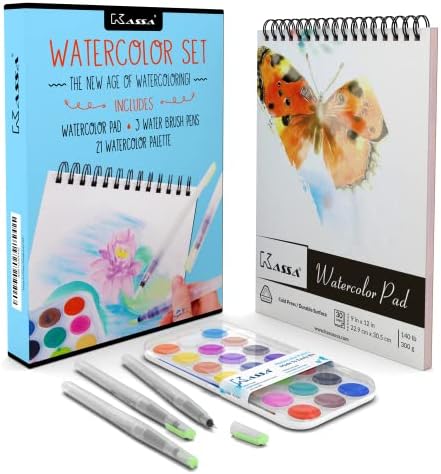 Kassa Beginner Watercolor Set – Bundle Includes Water Brush Pens (3 Assorted Sizes), Painting Pad (30 Sheets) & Paint Pan (21 Watercolors) – Watercolour Art Supplies Starter Kit for Kids & Adults