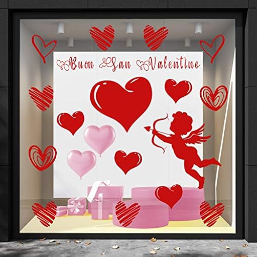 Vitrofanía San Valentín - Decoración para vidrieras Medidas 58 x 45 cm Corazones rojos y cupido Temas Fantasías el Día de Vinilo escaparates Juego 18 unidades cada uno | Ya disponible en tu tienda friki favorita! En mundofriki.es!