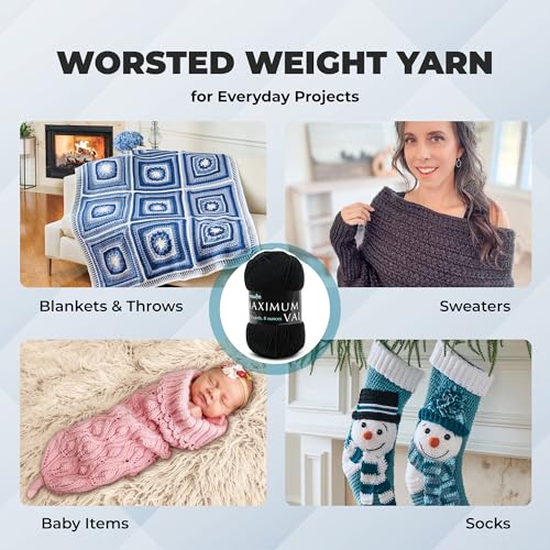 Image of Mary Maxim Maximum Value Acrylic Yarn for Crocheting and Knitting, Soft Worsted Weight Black Yarn 4, Ideal for Blankets, Sweaters, Hats, and Scarves, 8 oz Skein (474 Yds), Black - 1 Skein