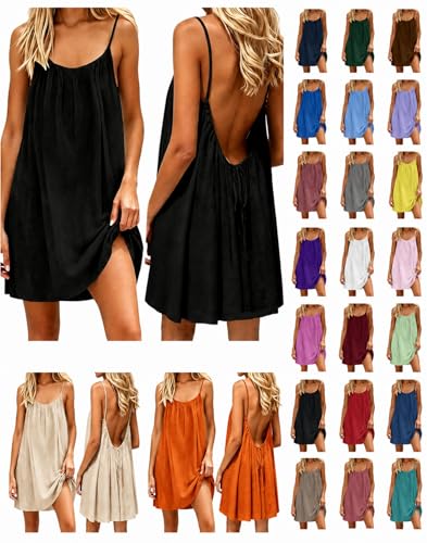 UPOI Sommerkleid Damen Kurzer Leinen Rückenfreies Kleid mit Kordelzug | Bequemes Midikleid mit Spaghettiträger für Lounge Urlaub & Freizeit