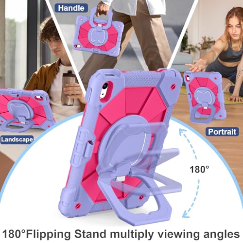 Image of Scnioy Case for iPad A16 11th Generation 11 Inch 2025, Rugged A16 iPad Case 10th Generation Cover with 360 Rotating Stand Screen Protector Pen Holder Shoulder Strap, Purple HotPink