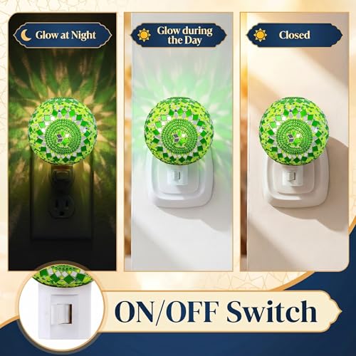 Image of Baquler Turkish Night Light Plug in Wall - Moroccan Stained Glass Globe Lamp Bohemian Bedroom Decor Ambient Warm Light for Living Room Hallway Unique Gift for Women(Green)