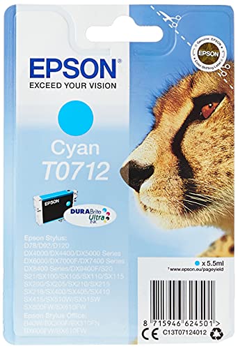 Epson T0712 Guépard Cyan, Cartouche d'encre d'origine, D78 D120 DX4000 DX5000 DX6000 DX7400 DX8400 DX9400F S20 S21 SX100 SX105 SX110 SX200 SX210 SX215 SX400 SX410 SX510W SX600FW BX300F B40W BX600FW