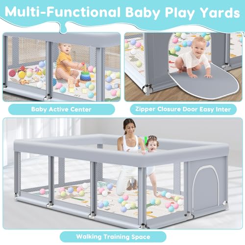 Image of Fshibila 74 inch x50 inch Large Baby Playpen, Baby Playard for Babies and Toddlers, PlayPen for Indoor & Outdoor, Sturdy Safety Play Yard with Soft Breathable Mesh, Ball x 18, Handle x 2, Mat x 1, Grey