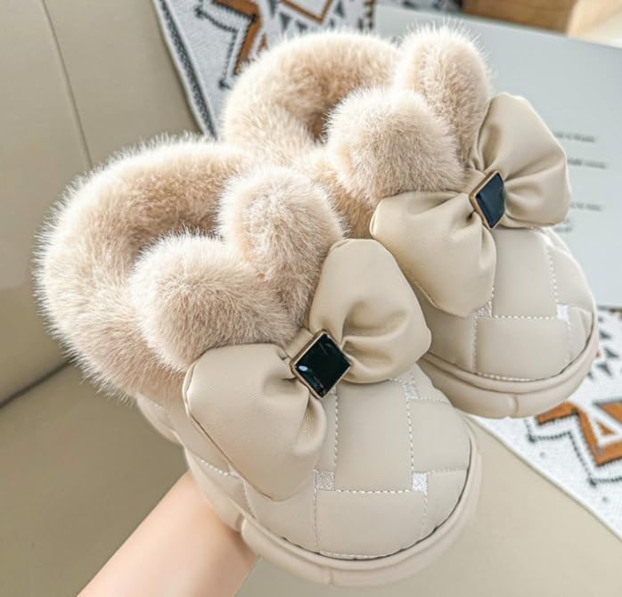 Women's Cute Bowknot Design Plush Lined Slipper, Winter Warm Anti-Skid Waterproof Thick Sole House Boots, Casual Comfortable Furry Bow Slippers