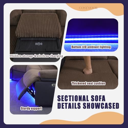 Image of Power Recliner Sectional Sofa Set with LED Lights, L Shaped Reclining Sectional Couch and Chair, Breathing Leather & Corduroy Sofa Set with Coffee Table /USB Port for Living Room
