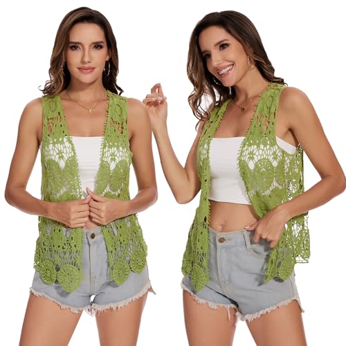 Image of Anna-Kaci Lace Front Open Sleeveless Top Cardigan Crochet Vest Cover up Summer Beachwear
