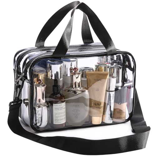 Clear Toiletry Bag for Women with Zipper–Clear Makeup Bag with Shoulder Strap & Handheld Handles – Stadium Bags for Women with Wet/Dry Compartments for Concerts, Travel, Work & Sports
