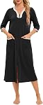 Women's Zipper Front Robe 3/4 Sleeve Housecoat Calf Length Casual Nightgown Loose Bathrobe with Pockets