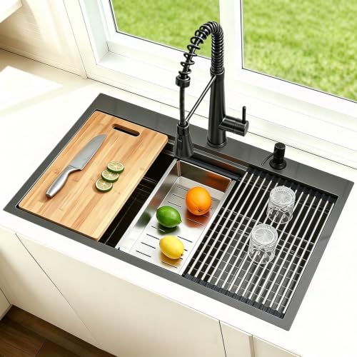 Image of SHACO 33x22 Black Drop In Kitchen Sink, 33 Inch Topmount Gunmetal Black Stainless Steel Single Bowl Overmount Double Ledges Workstation Sink with Accessories
