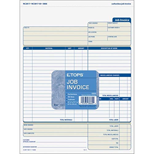 TOPS Job Invoice with Materials List, 3-Part, Carbonless, 8.5 x 11 Inches, 50 Sets per Pack (3866)