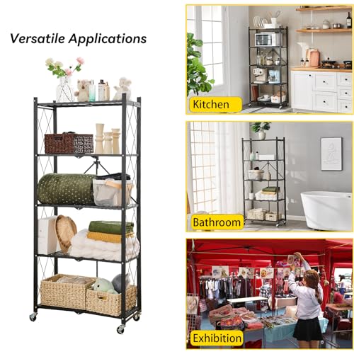 Image of BRIAN & DANY 5-Tier Foldable Storage Shelves with Wheels, Folding Metal Rack Shelving Unit, Heavy Duty No Assembly Organizer Shelf for Garage, Kitchen, Basement, Pantry, Black