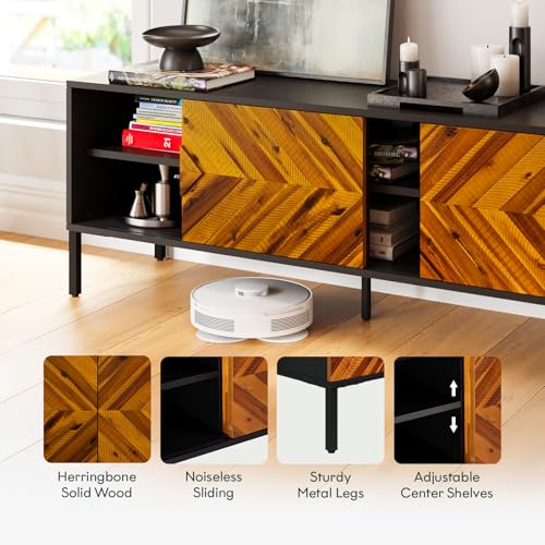 Image of Bme Vivian TV Stand, 59 Inch Media Console Table with Herringbone Pattern Doors, Solid Wood & Metal Frame, Rustic Golden Brown - Retro-Inspired Modern TV Console for Living Room, Entertainment Center