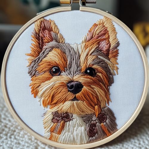 DIY Punch Needle Kits for Beginners Cute Yorkshire Terrier Dog with Hoop Embroidery Punch Needle Starter Set Easy for Adults and Kids Festival Gift and Decor 20x20cm-2