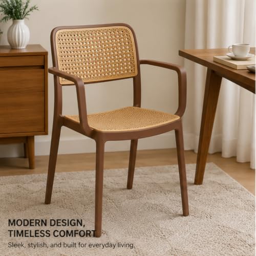 Image of NARSA Modern Rattan Style Dining Chair for Home & Cafe | Cane Pattern Plastic Chair with Ergonomic Backrest | Lightweight & Durable Indoor Outdoor Seating Chair (Brown, with Arm, Set of 4)