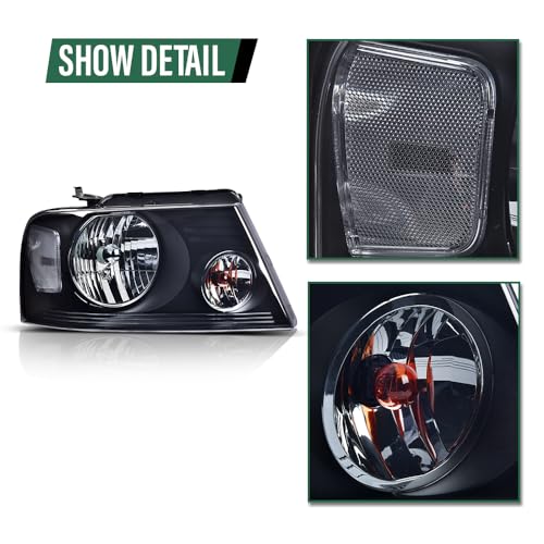 Image of GRAND ORANGE Headlight Assembly Compatible with Ford F150 2004 2005 2006 2007 2008 / Fit Lincoln Mark LT 2006-2008 Driver & Passenger Side Headlamp Smoke lens Black Houing Clear Reflector