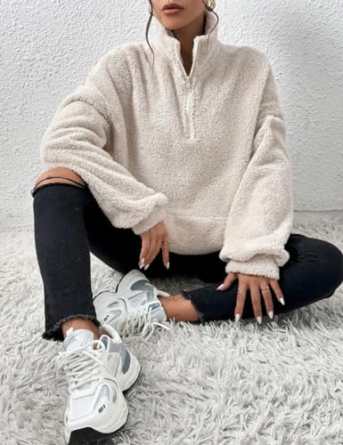 Wyeysyt Womens Sherpa Pullover Quarter Zip Pullover Sweatshirts Casual Long Sleeve Fleece Sherpa Outwear with Pockets4