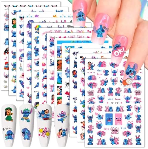 12 Sheets Blue Monster Nail Stickers Decals 3D Cartoon Pink Blue ...