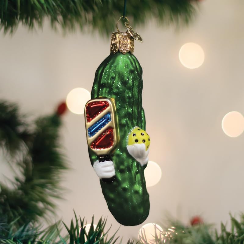 Old World Christmas Pickleball Pickle Glass Blown Ornament for Christmas Tree, Handcrafted Holiday Decoration, Sport Collection