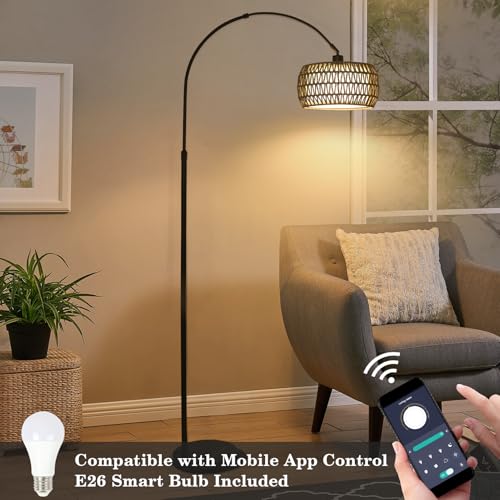 Image of Arc Standing Lamp, Boho Floor Lamps for living room with Remote and LED Dimming Bulb, Rattan Tall Lamp for Bedroom with 3 Color Temperatures, Height Adjustable Farmhouse Stand up Light for Office