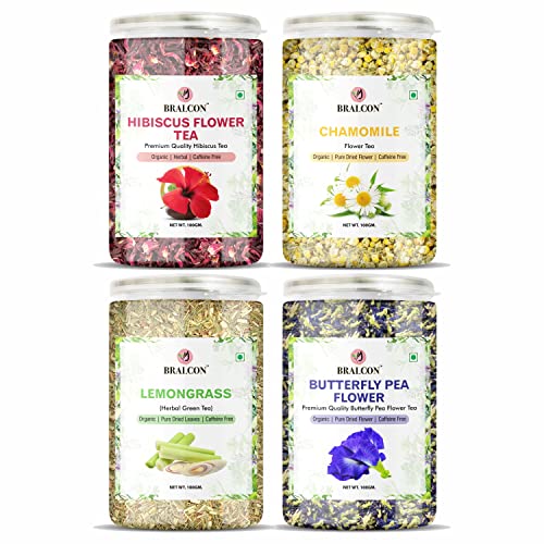 Image of BRALCON Hibiscus Flower Tea, Butterfly Pea, Chamomile, Lemongrass - 400G (100G x 4 Pack) Herbal Combo Pack - Caffeine Free in Separate Packaging