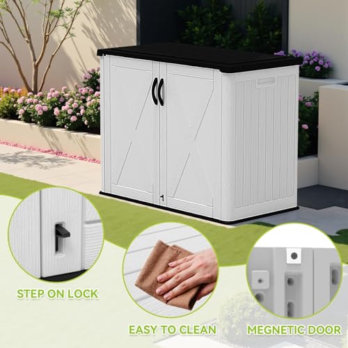 Image of Devoko 26 Cu Ft Resin Outdoor Storage Cabinet, White | Horizontal Plastic Storage Shed with Lockable Door, Water-Resistant Backyard Storage Box for Garden Patio, Shelf Not Included