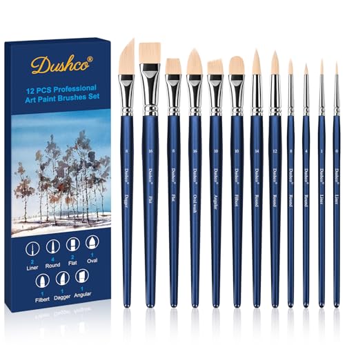 Artist Paint Brushes Set, 12PCS Watercolor Brushes Professional, Water Color Brushes - Round Flat, Liner Filbert Angular Oval Wash & Dagger for Acrylics Ink Watercolor Gouache Oil Tempera (Royal Blue)