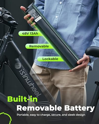 isinwheel M60 Electric Bike for Adults 750W 28mph Ebike with 48V 13Ah Removable Battery, USB Charging Port, 7 Speed Gearshift, 26\"×4\" Fat Tire Electric Bicycles, Step Thru Cruiser E Bike