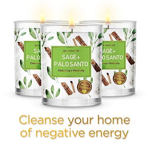 Magnificent 101 Pure Sage + Palo Santo Smudge Set Of 3 Candles For House Energy Cleansing, Banish Negative Energy I Purification And Chakra Healing - Natural Soy Wax Candles For Aromatherapy #TOP2