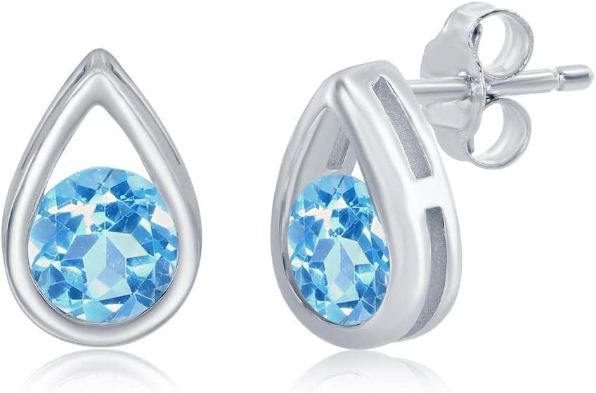 Beaux Bijoux Pear-Shaped with Center Round 5mm Birthstone Dainty Stud Earrings Sterling Silver Jewelry for Women (L-9.6mm x W-6.1mm)