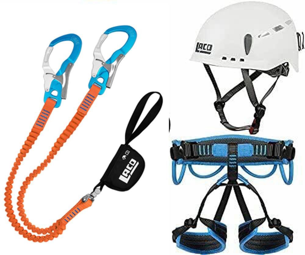 LACD Klettersteigset Ultimate 3.0 S Ferrata Klettersteigset, Black-orange Klettergurt Start 2.0 Größe M (Taille = 80-120cm, Bein= 50-70cm) Helm Protector 2.0