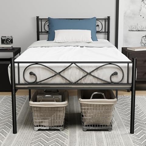 PROXRACER Twin Metal Platform Bed Frame with Headboard,Heavy Duty Steel Slat Support,Mattress Foundation,Under Bed Storage,No Box Spring Needed,Twin Size Bed Frame, Black Cover