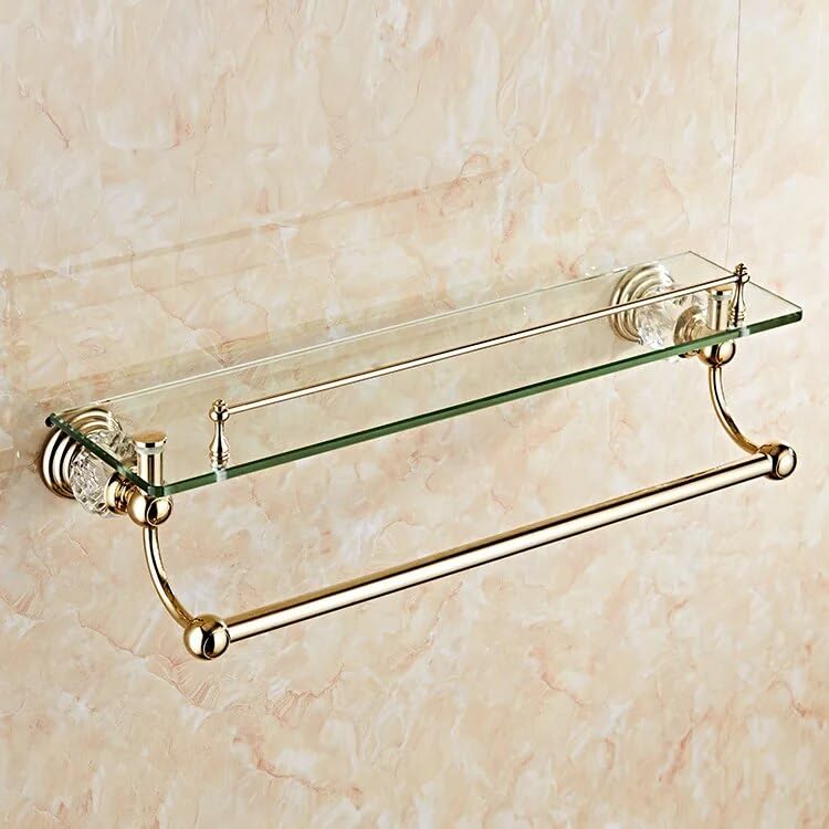 NUHSLF Shower Caddy Crystal Golden Bathroom Shelf Bathroom Glass Shelf Towel Rack Dressing Table with Rod Bathroom Organizer