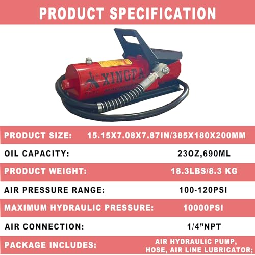 Image of Air Hydraulic Pump 10,000 PSI 0.45 Gal Reservoir NPT 3 /8 inch Oil Outlet, NPT 1 /4 inch Inlet, Hydraulic Pump Air Hydraulic Foot Pump Made of Aluminum with Air Line Lubricator, Red