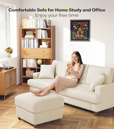 Image of 87in Corduroy Couch, Kidirect Sofa No Tool Assembly, Comfy Couches for Living Room 21in Deeper Seats, Corduroy Sofas for Living Room with 2 Pillows, Oversized Loveseat Sofa, Boho Love Seat Beige Couch