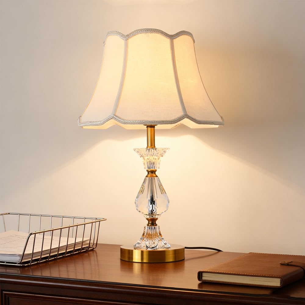 Lampara de noche, lampara de mesita de noche Blanco, E27 lampara para mesa con cristales y pantalla dorado, sobremesa Lámpara De Escritorio redondo pantalla dormitorio Sala De Estar Hotel estudio