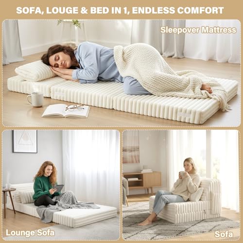 Image of Tiita Folding Sofa Bed Convertible Sleeper Chair Mattress with Pillow & Side Pocket, Thick Corduroy Floor Mattress Couch Bed, Single Size, Beige