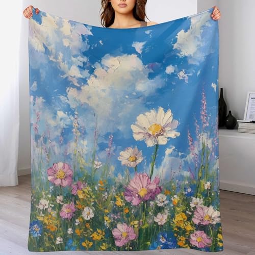 Couverture en flanelle douce motif ciel nuages marguerites pour lit